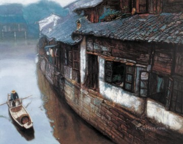 Familias en River Village Shanshui paisaje chino Pinturas al óleo
